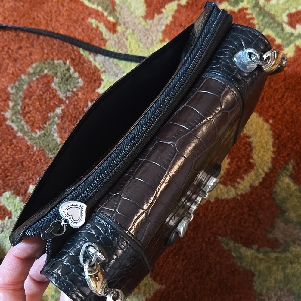 90s BRIGHTON Black / Brown Croc-Embossed Crossbody Bag - Picture 5 of 7